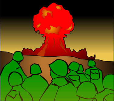Illustration of soldiers observing an atomic bomb test - a mushroom cloud rises against a dark sky