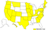 A map of the United States displaying cases of E. coli as of March 1, 2009 to June 22, 2009