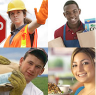 collage of four young workers performing tasks