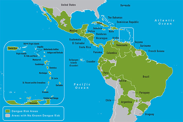 Map 3-1 Distribution of dengue, Western Hemisphere