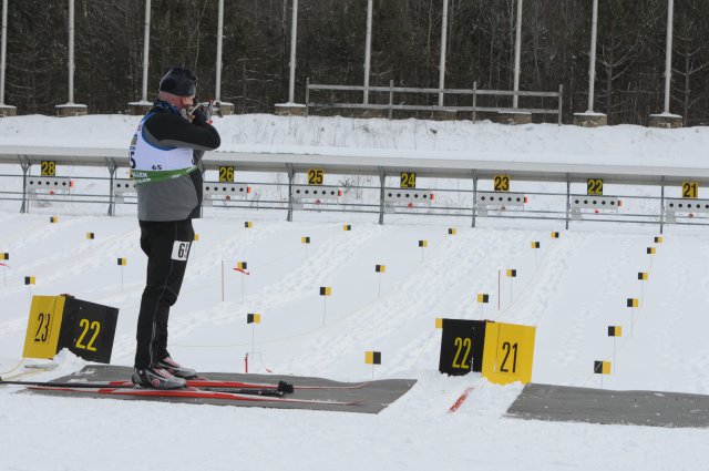 Lt. Col. Brian O'Keefe, New York Army National Guard, representing the New York National Guard for the first time in competition, takes his shot during the Sprint portion of the 2013 National Guard Eastern Regional Biathlon held at the Ethan Allen Training Site, Jericho Vt., Feb. 9, 2013.
