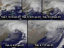 collage of satellite images depicting February 2013 nor'easter