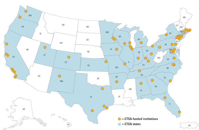 Currently, about 60 medical research institutions in 30 states and the District of Columbia are active members of the CTSA Consortium. These institutions are working together to speed the translation of research discovery into improved patient care.