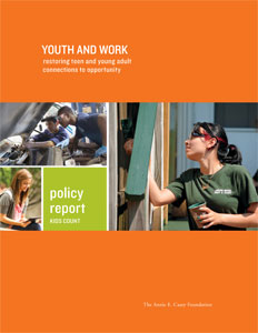 Report cover of Youth and Work, a Kids Count policy report. Photos show young people working on a car, on a building, and on writing.