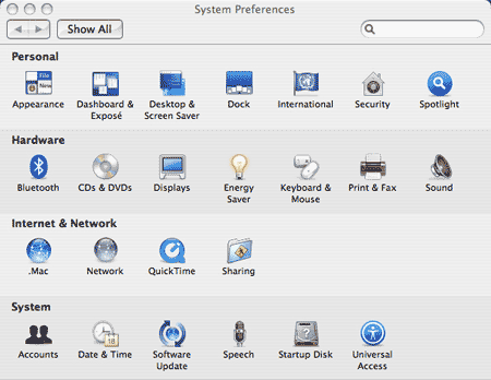 Screen: System Preferences for Mac OS X