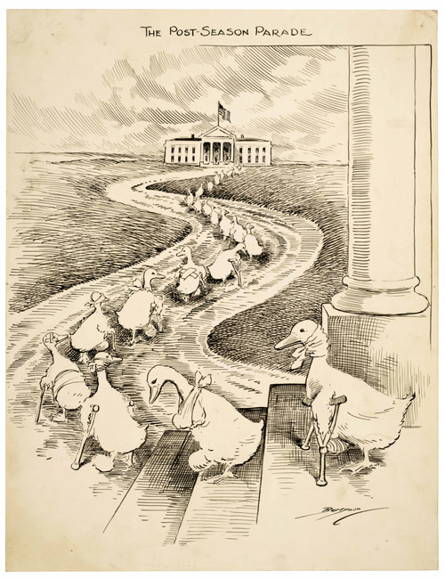 congressarchives:

Today we commemorate the 1933 passing of the 20th Amendment to the U.S. Constitution with National Lame Duck Day. Before the 20th Amendment was ratified, members elected to Congress in November did not convene under the new Congress until March (not until the following December in some cases, a full 13 months from their election). Departing members continued to serve for 4+ months after the election, and were referred to as lame ducks.
In this 1915 cartoon by Clifford Berryman, the lame ducks are defeated Democrats heading to the White House hoping to secure political appointments from President Woodrow Wilson.
 The Post-Season Parade, 3/5/1915, U.S. Senate Collection (ARC1693335) 
