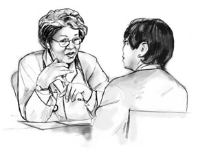 Ilustración de una doctora hablando con una paciente. Están sentadas frente a frente en una mesa