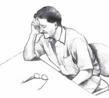 Ilustración de un hombre sentado en una mesa con su cabeza descansando en su mano derecha. El codo derecho está sobre la mesa. Sus anteojos están encima de la mesa. Sus ojos están cerrados y parece enfermo