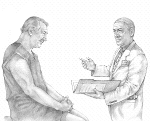Drawing of an older male doctor in a white coat talking with an older male patient seated on an examining table.
