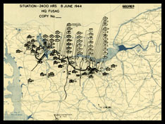 Detail of a map of troop positions in Normandy, France, on June 8, 1944.
