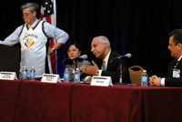 Jack Calhoun, Director of the California Cities Gang Prevention Network, moderates the Plenary Panel "The Forum: Origins, Destinations," featuring panelists Carmen Ortiz, U.S. Attorney for the District of Massachusetts, Deputy Mayor Saul Green of Detroit, and Mario Maciel, Superintendent, Department of Parks, Recreation and Neighborhood Services, San Jose, CA