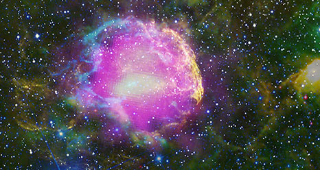 This multiwavelength composite shows the supernova remnant IC 443, also known as the Jellyfish Nebula.