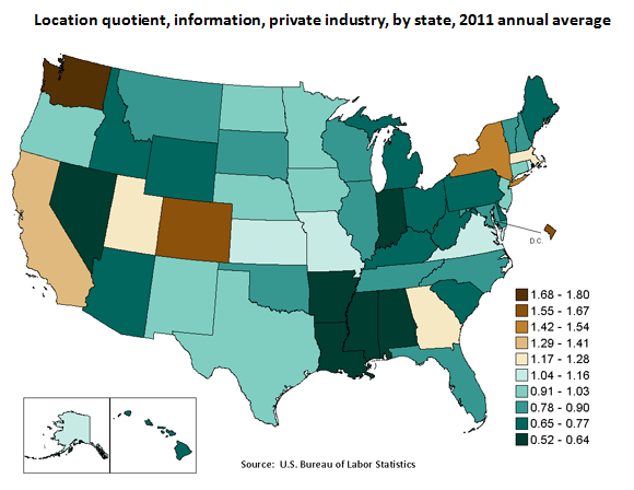 Location quotient, information, private, by state, 2011 annual average