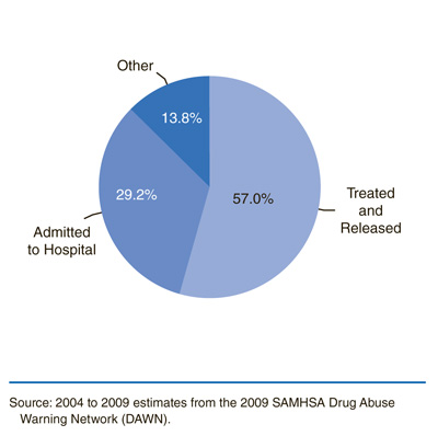 This is a pie chart comparing the disposition of emergency department (ED) visits involving illicit drugs among males: 2004 to 2009. Accessible table located below this figure.