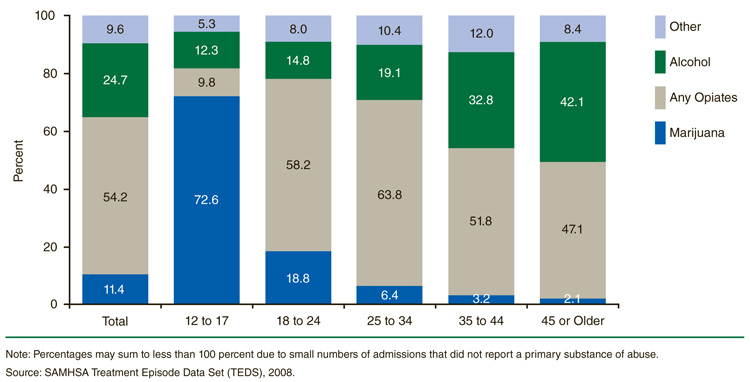 This is a bar graph comparing primary substance of abuse among admissions reporting secondary benzodiazepine abuse, by age at admission: 2008. Accessible table located below this figure.