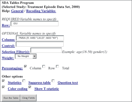 Figure 2. Input Screen for Crosstab of IDU for Largest MAs