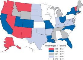 Figure 1. Percentages Reporting Needing But Not Receiving Treatment for an Illicit Drug Problem in the Past Year among Persons Aged 12 or Older, by State: 2002