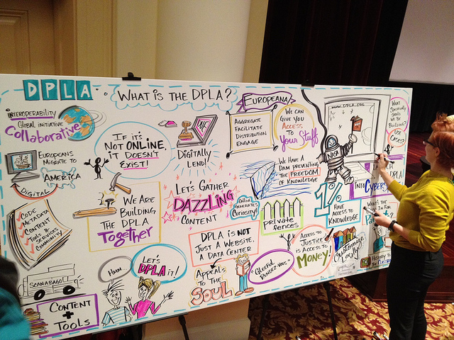 Visual artist drawing on poster board.  Poster titled: DLPA - What is the DPLA?