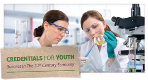 Photograph of a young woman in a science lab with an adult mentor. Title card reads Credentials for Youth: Success in the 21st Century Economy.