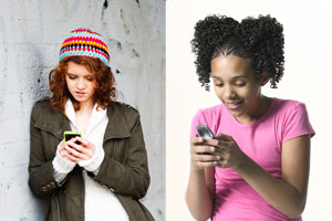Two photographs of young ladies typing and reading on smart phones.