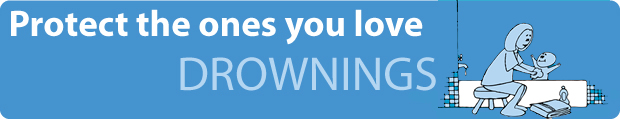 drownings banner: Protect the ones you love - adult and child on a boat wearing personal floatation devices