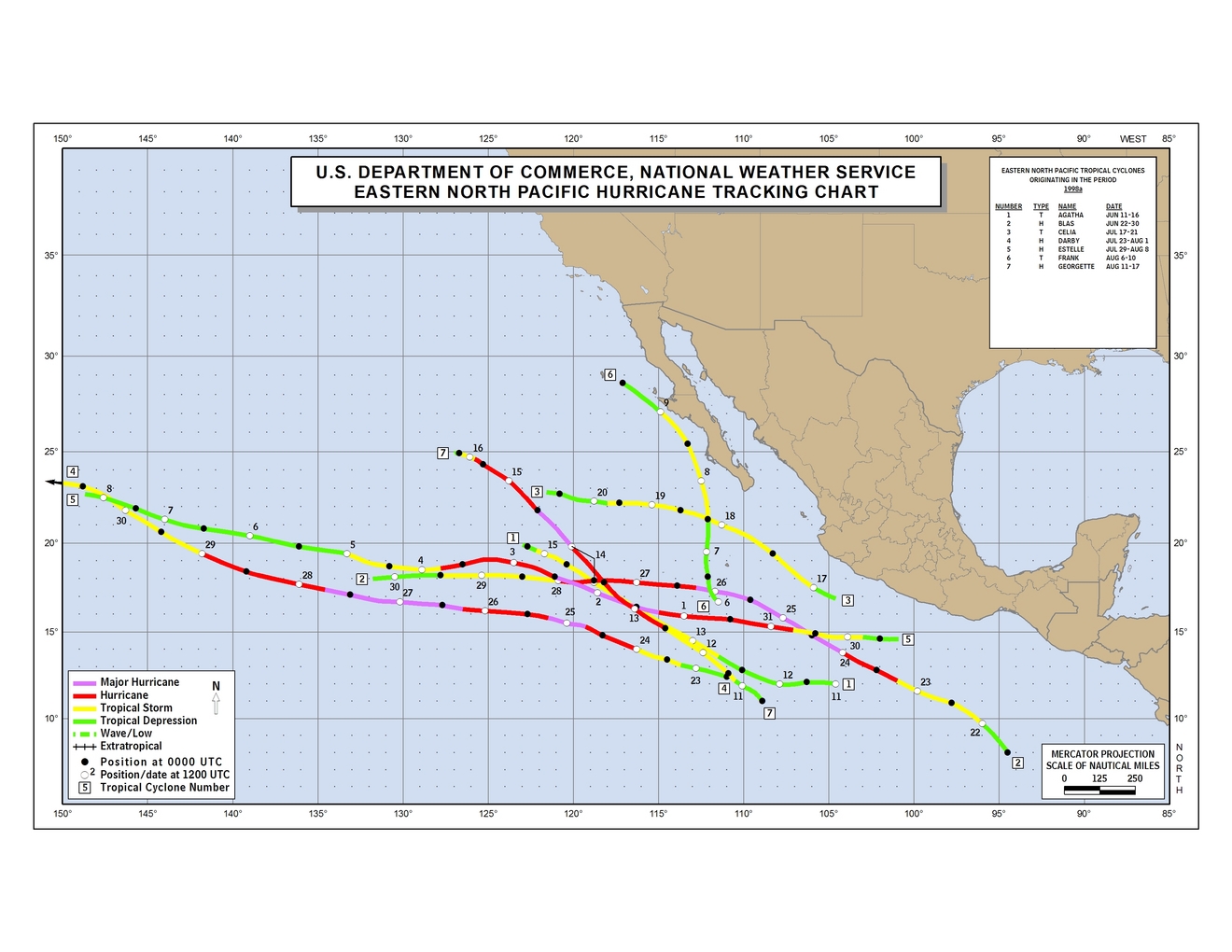 1998 Eastern Pacific hurricane season track map part a