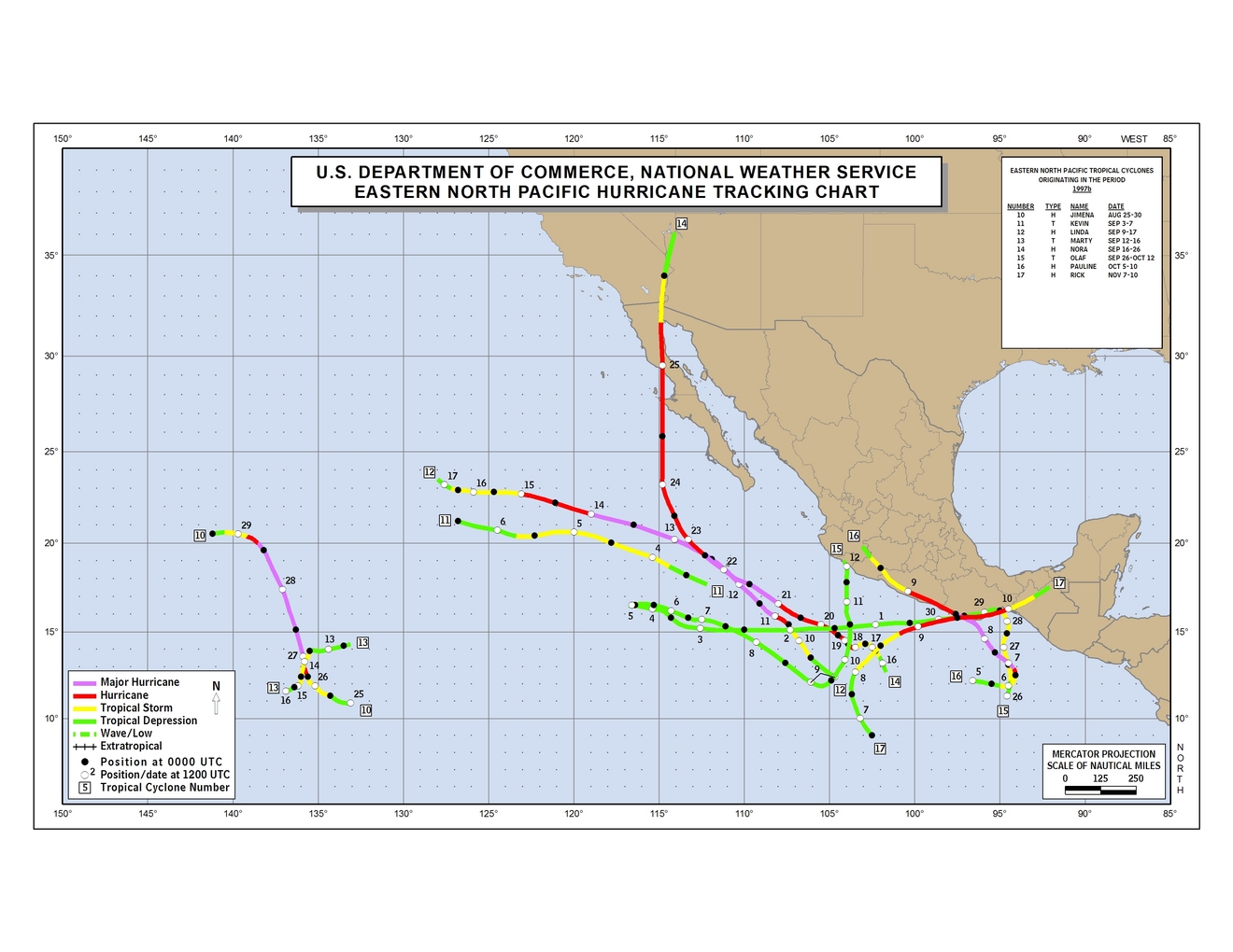 1997 Eastern Pacific hurricane season track map part b