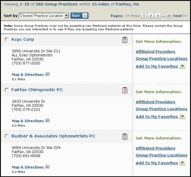 Screenshot of group practices search results