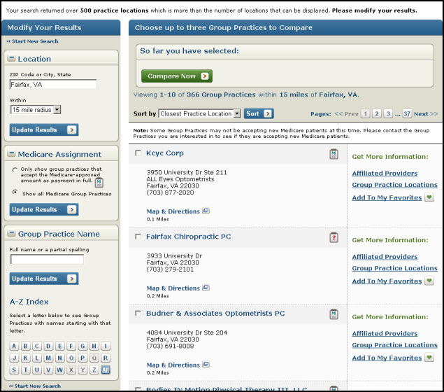 Screenshot of modifying group practice search results