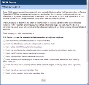 Screen shot of the first page of the FAFSA survey.