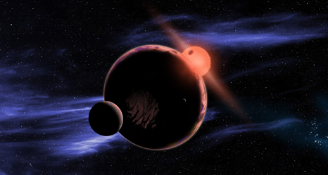 Artist's conception of a hypothetical planet with two moons orbiting a red dwarf star.