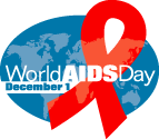 Official World AIDS day logo, showing a map of the world covered by a red ribbon.