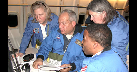 Airborne Astronomy Ambassadors Constance Gartner, Vince Washington, Ira Hardin and Chelen Johnson at the educators’ work station aboard the SOFIA observatory during a flight on the night of Feb. 12-13, 2013.