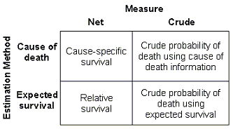 Table shows the relationship of the survival measure (net or crude) to the estimation method (cause of death or expected survival)
