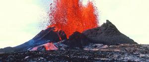Lava erupting from a volcano's cone.
