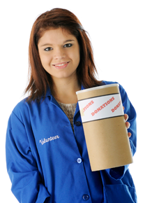 Photograph of a teen girl holding out a donations box.