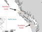 Map showing Vancouver and Pacific ocean and arrows indicating southern and northern route of salmon
