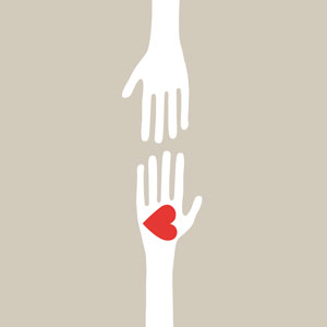 Drawing of one hand with a heart on it reaching up to another hand.