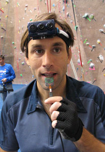 Weihenmayer testing the BrainPort device at his local gym in Golden, CO.