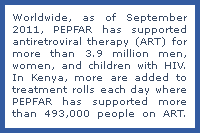 Worldwide, as of September 2011, PEPFAR has supported antiretroviral therapy (ART) for more than 3.9 million men, women, and children with HIV.  In Kenya, more are added to treatment rolls each day where PEPFAR has supported more than 493,000 people on ART.