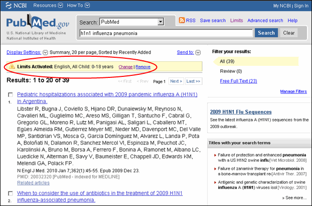 Screen capture of Limits Activated message displayed on PubMed search results.