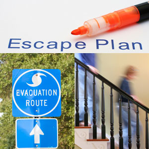 Image of an escape plan, an evacuation route sign, and young people rushing down stairs.