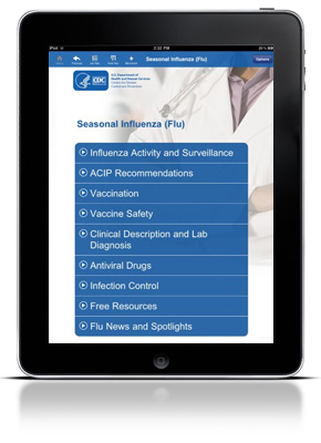Imagen de pantalla con aplicación sobre influenza de los CDC para iPad