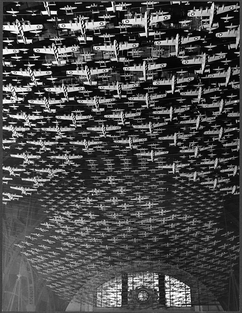 Image description: Model airplanes decorate the ceiling of the train concourses at Union Station in Chicago, February 1943.
Photo from the Farm Security Administration - Office of War Information Photograph Collection, Library of Congress.