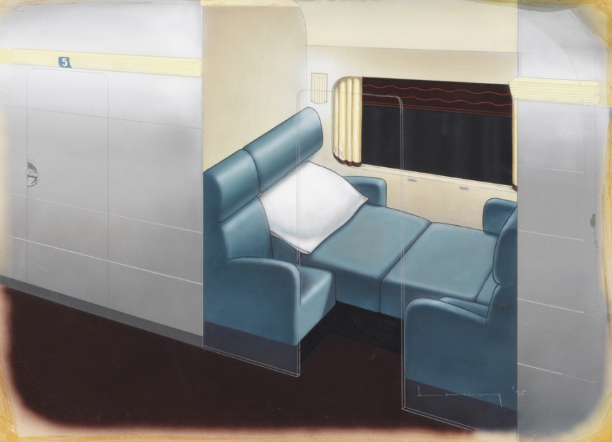 Image description: The Smithsonian’s Cooper-Hewitt, National Design Museum recently launched Object of the Day to showcase the more than 217,000 objects in their collection.
This image, &#8220;Design for Streamline Sleeper Car with Two Seat Compartment,&#8221; is one of the featured objects. It was created by Raymond Loewy, an industrial designer,  on January 16, 1935. Loewy created designs for the original Coca-Cola contour bottle and logo, the Exxon logo, and the Avanti car in the 1950s and 1960s design. He is lesser known for his work for the Pennsylvania Railroad. Learn more about this object.