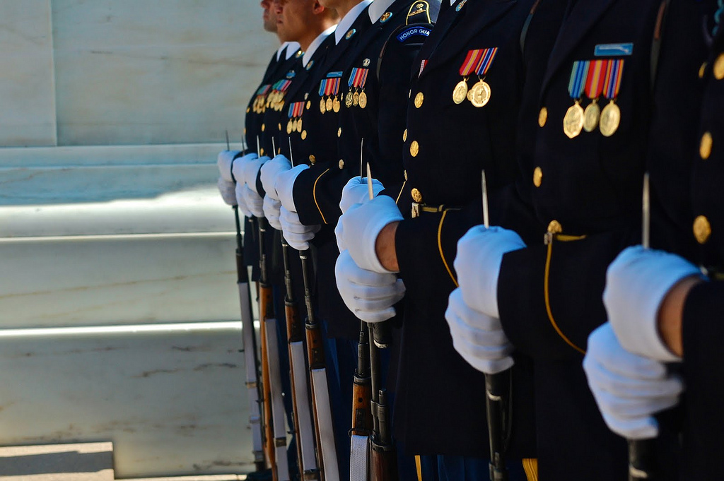Image description: Soldiers during the U.S. Army Birthday Wreath Ceremony at Arlington National Cemetery in June.
Photo from Arlington National Cemetery. 