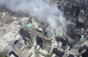 aerial view of burning rubble from the Twin Towers in NYC