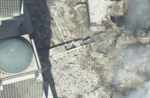 aerial view of burning rubble from the collapsed Twin Towers 