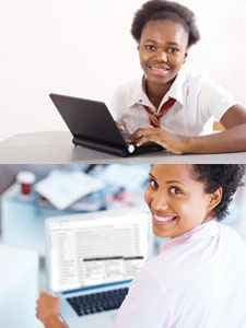 Photo montage of teen girl using a laptop to talk to a helping adult on another laptop.