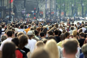 People walking on a busy city street